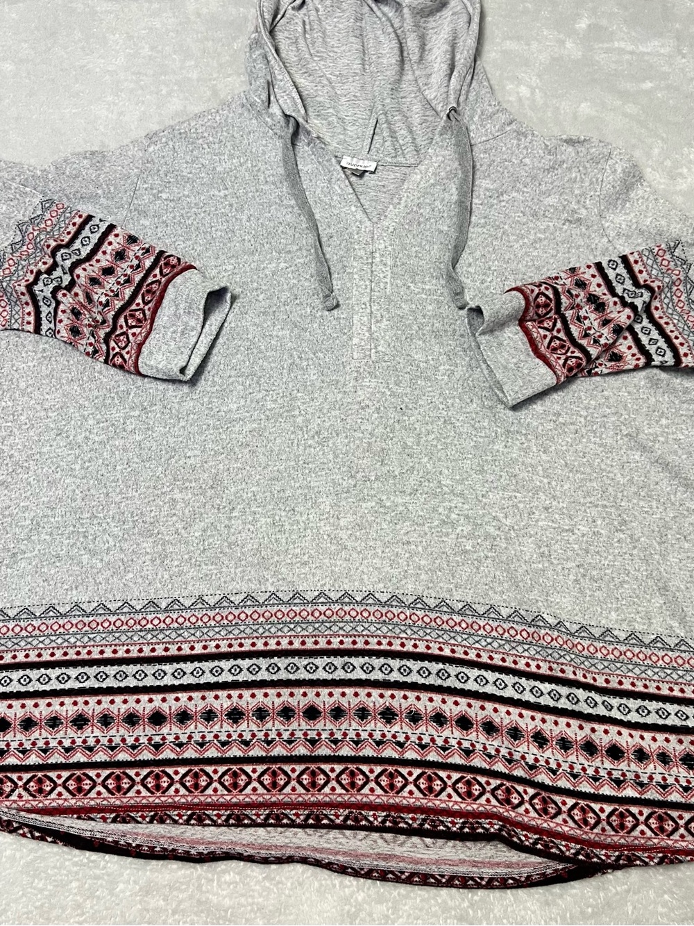 Avenue Gray V-Neck Hoodie Sweater with Red and Black Trim